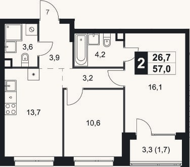 Планировка: 2-к, 55,3 м²