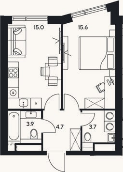 Планировка: 1-к, 42,9 м²