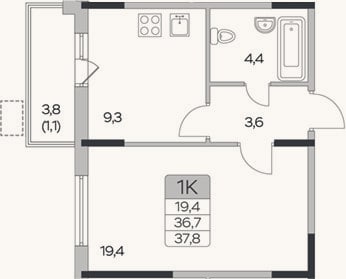 Планировка: 1-к, 36,7 м²