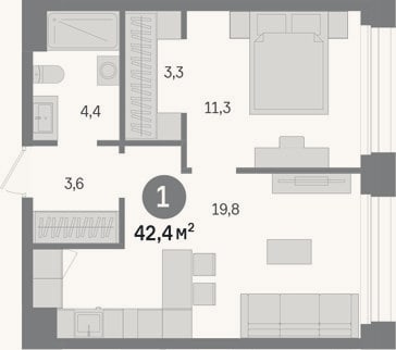 Планировка: 1-к, 42,4 м²