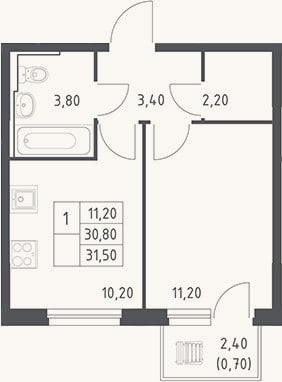 Планировка: 1-к, 30,8 м²