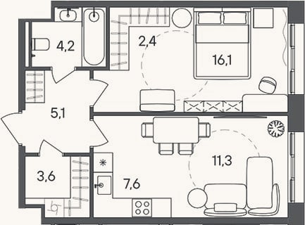 Планировка: 2-к, 50,3 м²