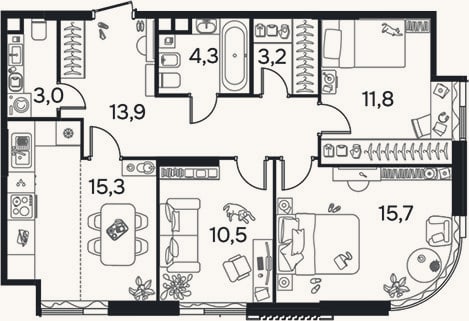 Планировка: 3-к, 77,4 м²