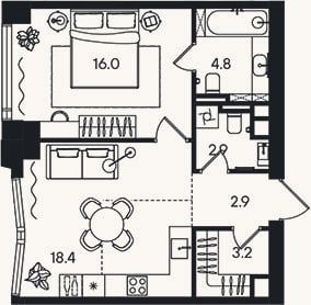 Планировка: 2-к, 48,2 м²