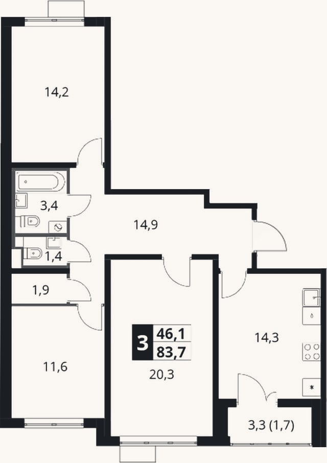 Планировка: 3-к, 82 м²