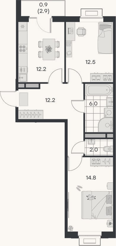 Планировка: 2-к, 59,7 м²