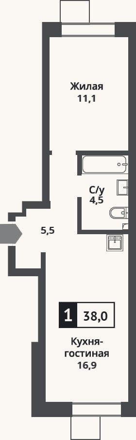 Планировка: 2-к, 38 м²