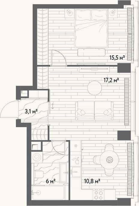 Планировка: 2-к, 52,6 м²
