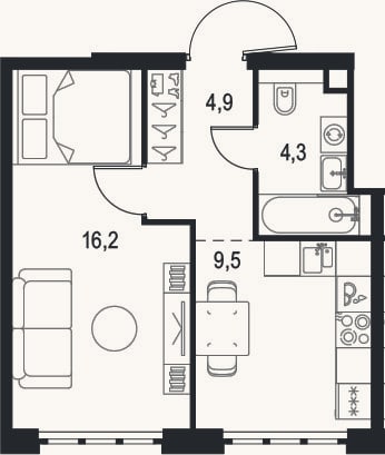 Планировка: 1-к, 34,9 м²