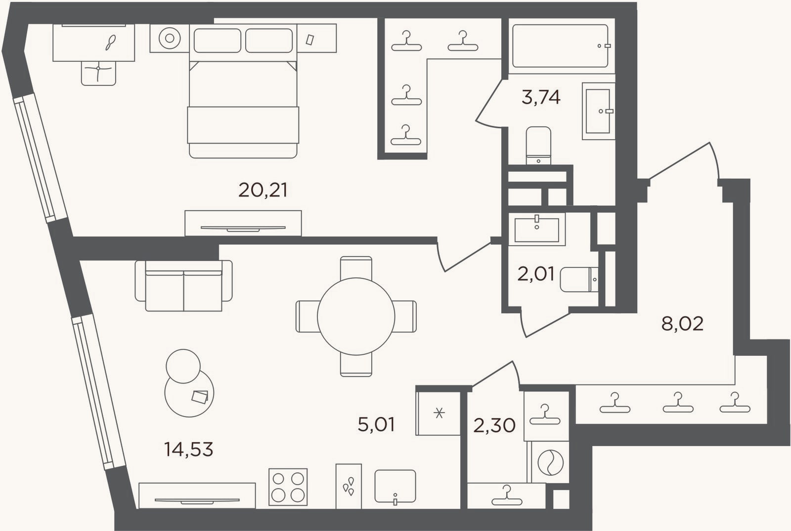 Планировка: 2-к, 55,8 м²