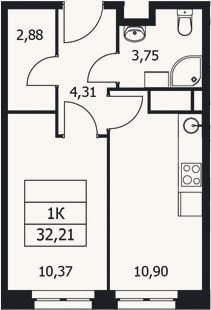 Планировка: 1-к, 32,2 м²