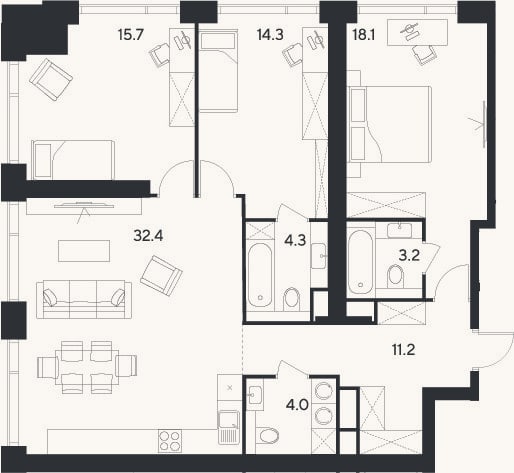 Планировка: 4+ к, 103,2 м²