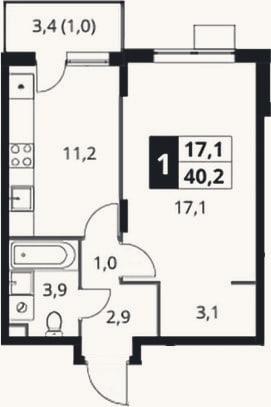 Планировка: 1-к, 39,2 м²
