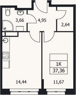Планировка: 1-к, 37,4 м²