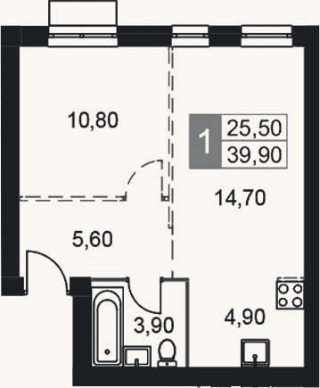 Планировка: 2-к, 39,9 м²