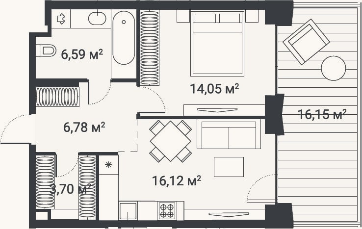 Планировка: 1-к, 45,7 м²