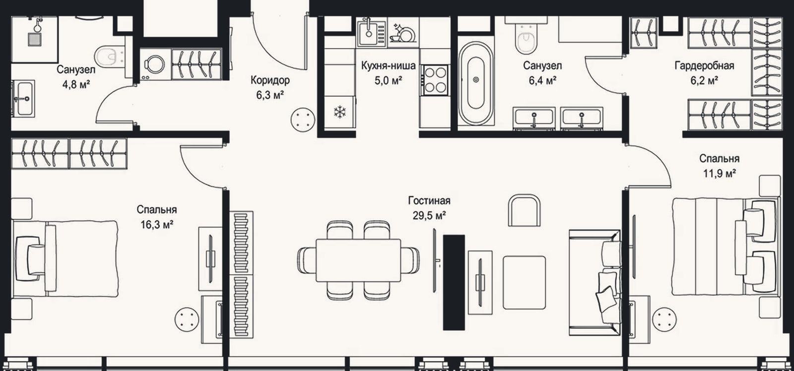 Планировка: 3-к, 86,4 м²