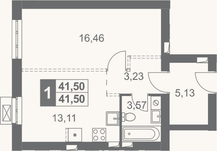 Планировка: 1-к, 41,5 м²