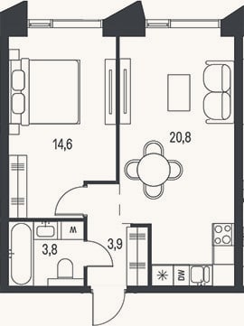 Планировка: 2-к, 43,1 м²