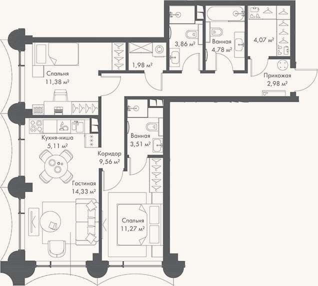 Планировка: 3-к, 72,8 м²