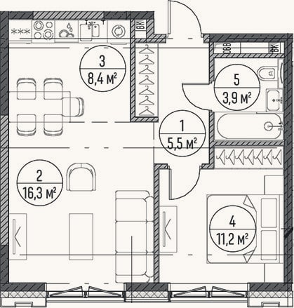 Планировка: 2-к, 45,3 м²
