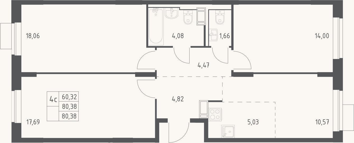 Планировка: 4+ к, 80,4 м²