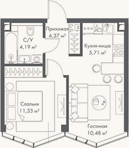 Планировка: 2-к, 36,1 м²