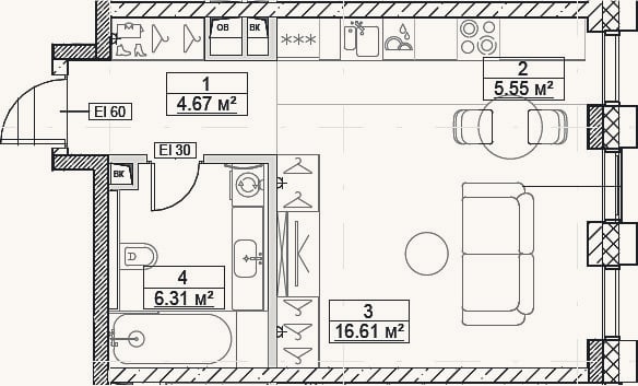 Планировка: Студия, 33,1 м²
