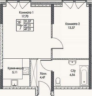 Планировка: 2-к, 47,2 м²