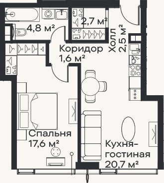 Планировка: 2-к, 49,9 м²