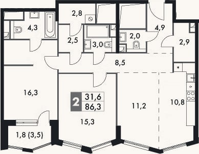 Планировка: 3-к, 84,5 м²