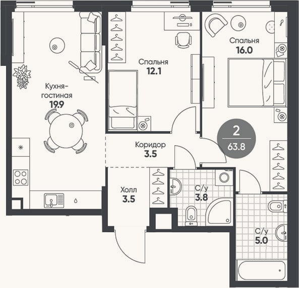Планировка: 3-к, 63,8 м²