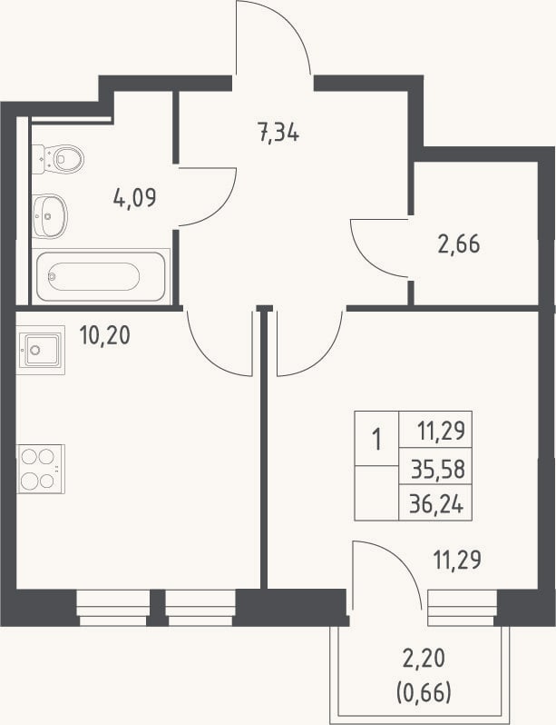 Планировка: 1-к, 35,6 м²