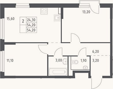 Планировка: 3-к, 54,2 м²