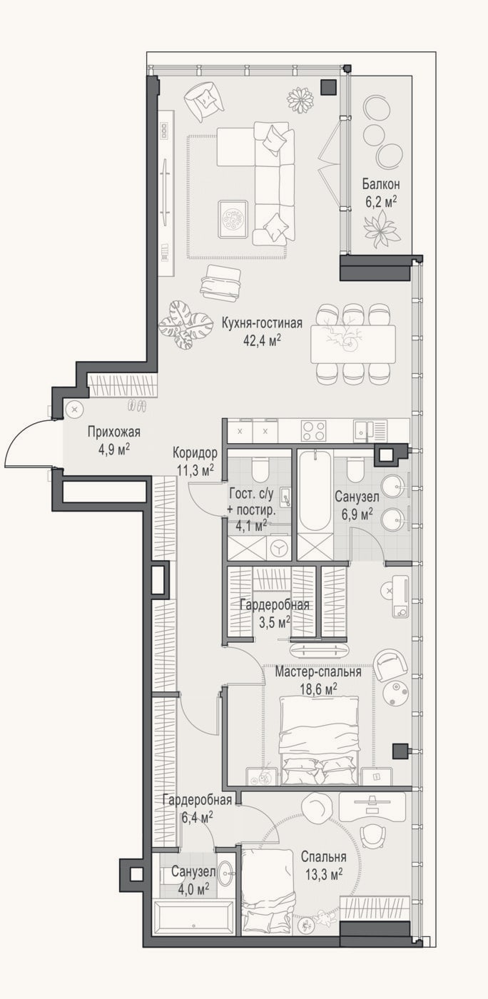Планировка: 3-к, 117,9 м²