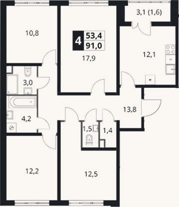 Планировка: 4+ к, 88,1 м²