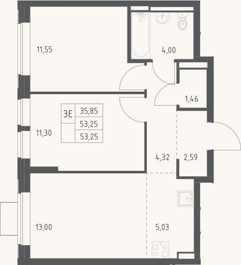 Планировка: 3-к, 53,3 м²