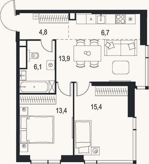 Планировка: 3-к, 60,3 м²
