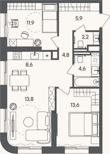 Планировка: 3-к, 65,4 м²