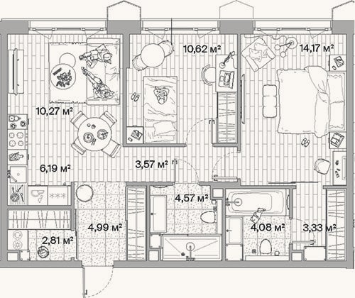 Планировка: 3-к, 64,6 м²