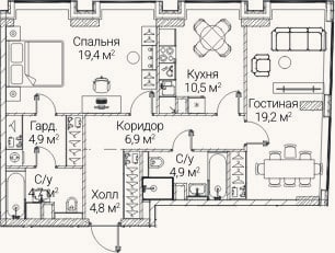 Планировка: 2-к, 75,6 м²