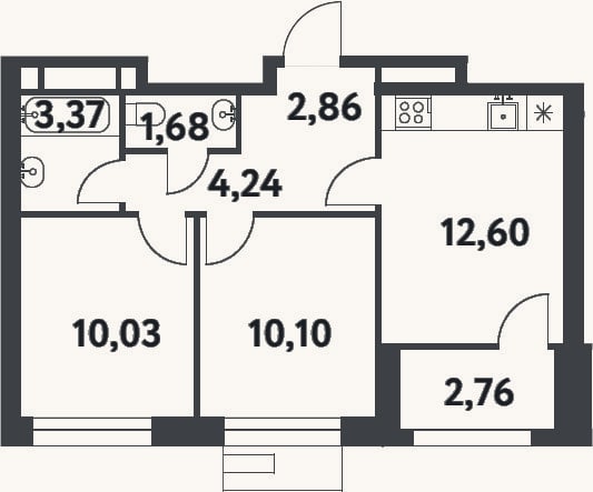 Планировка: 2-к, 44,9 м²