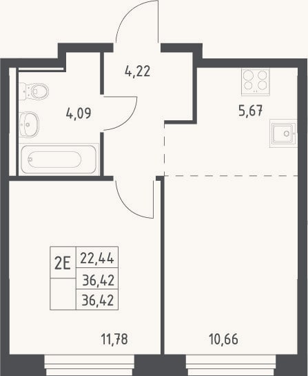 Планировка: 2-к, 36,4 м²
