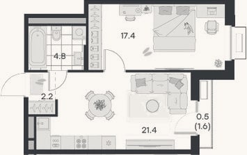 Планировка: 1-к, 45,8 м²