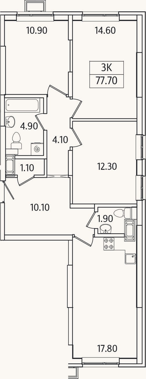 Планировка: 3-к, 77,7 м²