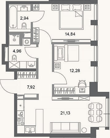 Планировка: 2-к, 64,1 м²