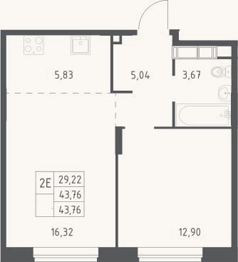 Планировка: 2-к, 43,8 м²