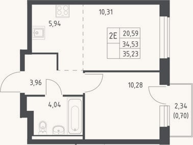Планировка: 2-к, 34,5 м²