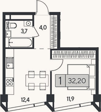 Планировка: 1-к, 32,2 м²