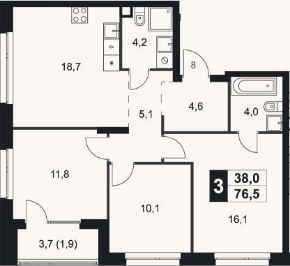Планировка: 3-к, 74,6 м²